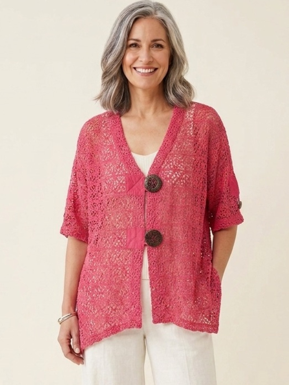 Kaktus Coral Open Knit Cardigan Button Front 1X NWT